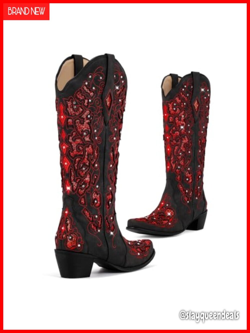 Rhinestone Cowboy Cowgirl Boots Mid-Calf Chunky Heel Handmade - Picture 4 of 6